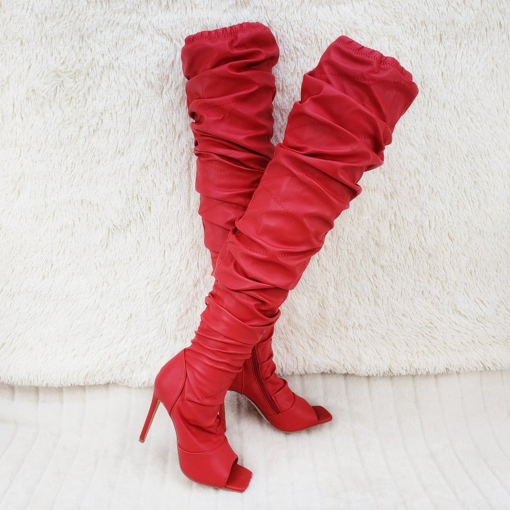 Red Square toe Thigh Boots Adjustable Slouch Style